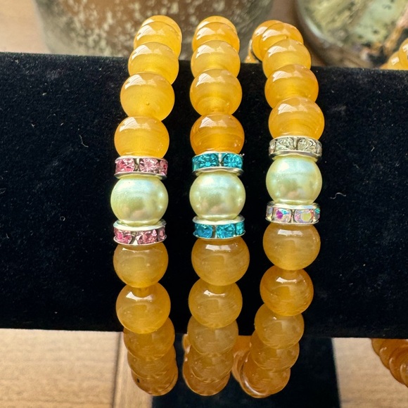 Golden Yellow Bead Bracelets with Simulated Pearl & Rhinestone Spacers - Picture 8 of 9